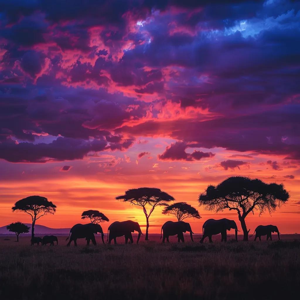 Scenic view of Maasai Mara with elephants at sunset, representing Kenya and Tanzania safari travel
