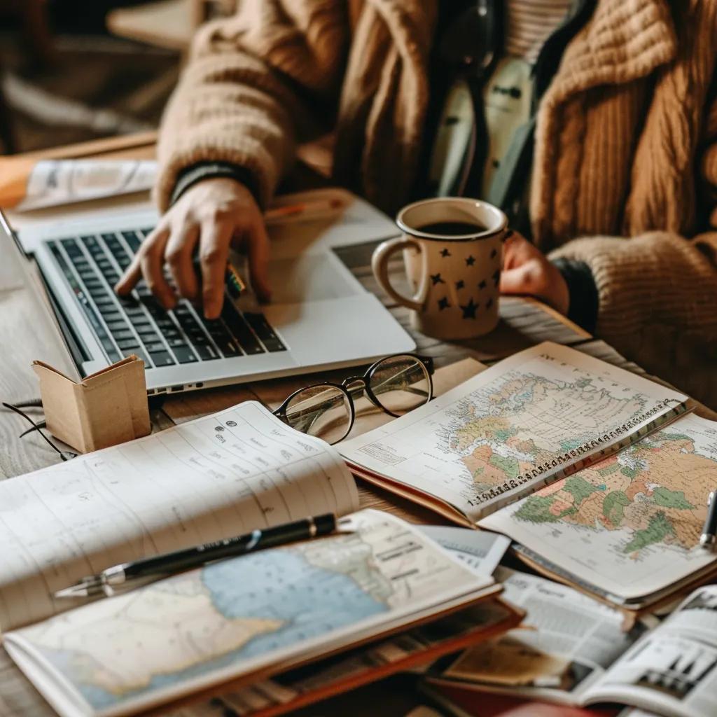 A traveler thoughtfully comparing travel medical insurance options at a desk, illustrating the selection process