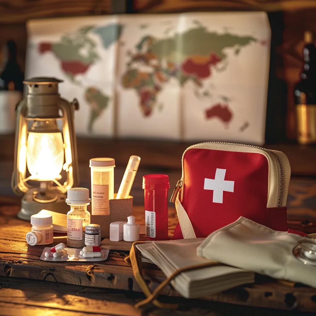 A collection of first aid supplies and travel health essentials arranged on a surface, symbolizing the scope of travel medical insurance