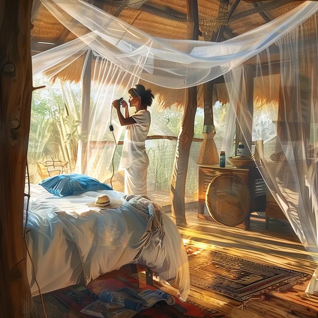 A traveler diligently applying insect repellent and preparing to use a bed net, crucial steps for malaria prevention during a safari