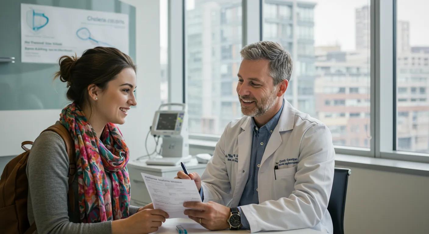 A traveler confidently discussing cholera vaccine options with a friendly clinician in a modern, reassuring clinic setting