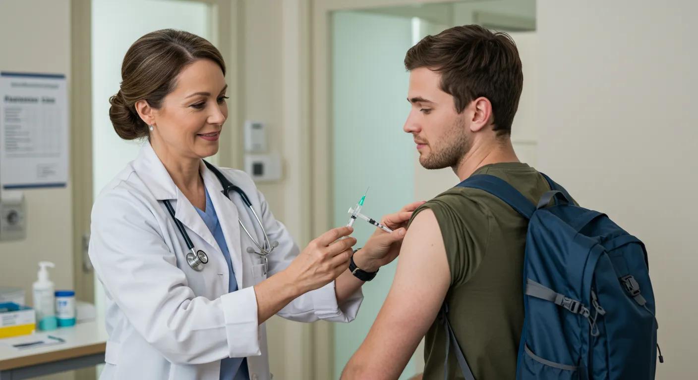 Caring healthcare professional administering a rabies vaccine to a traveler, ensuring their safety