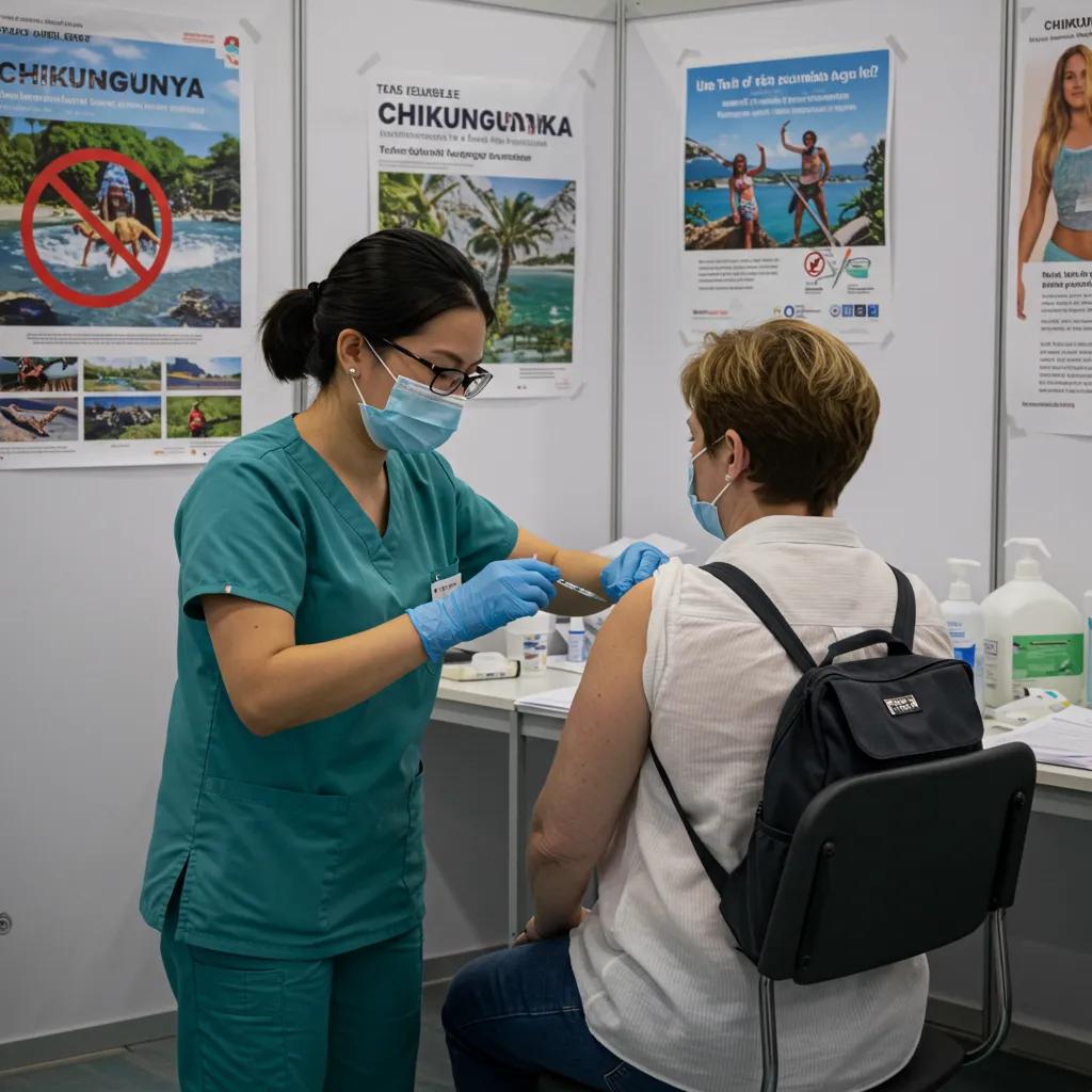 A healthcare professional administers a chikungunya vaccine in a modern travel clinic, underscoring the importance of vaccination for safe travel.