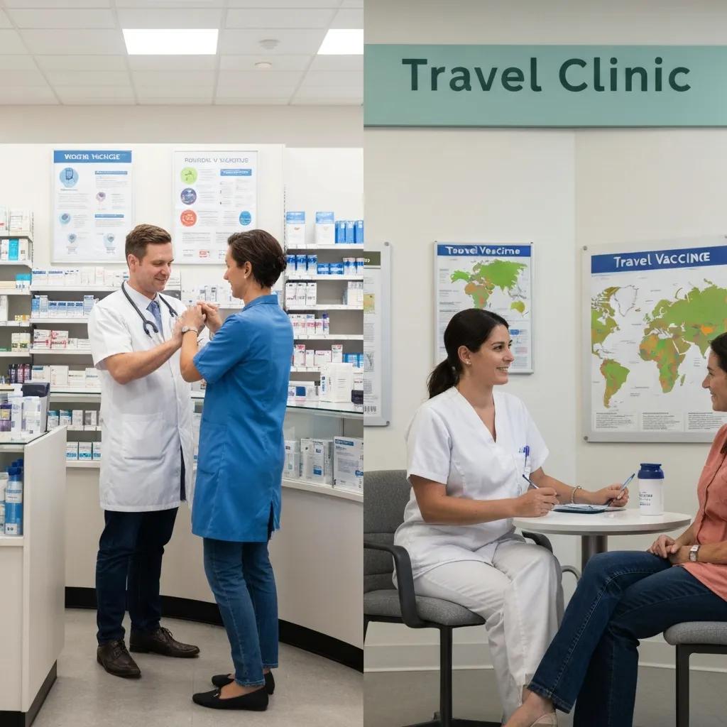 Side-by-side view of pharmacy versus travel clinic services, showing routine vaccines and specialized travel immunizations