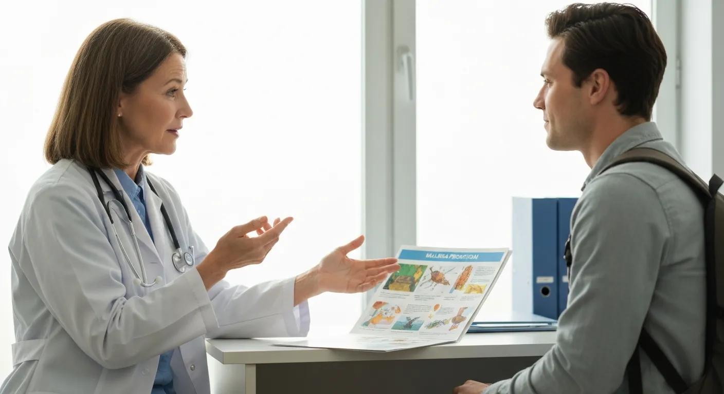 Clinician advising a traveler on malaria prevention