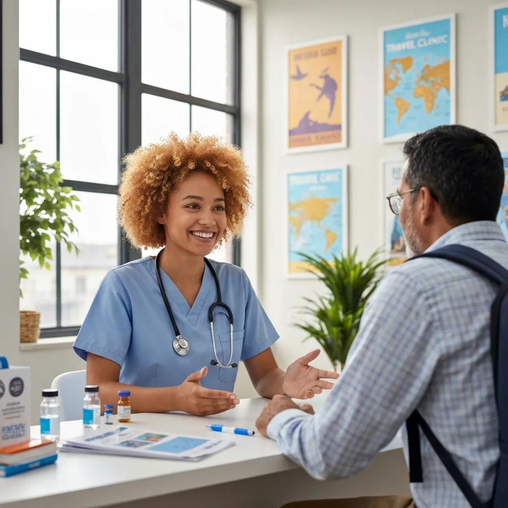 Travel clinic with healthcare professional assisting a traveler, highlighting specialized travel vaccine services