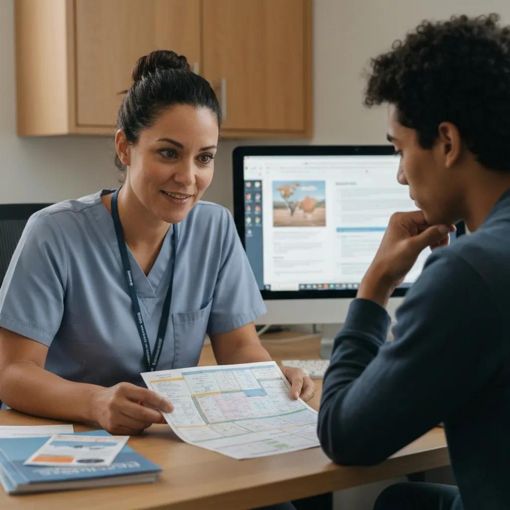 Personalized travel health consultation with clinician reviewing an itinerary and vaccine plan