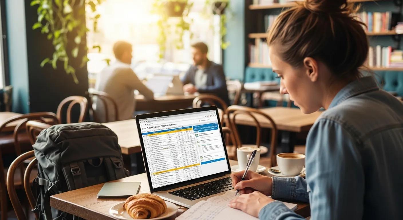 Traveler reviewing vaccination costs on a laptop in a café, highlighting cost management for travel vaccines