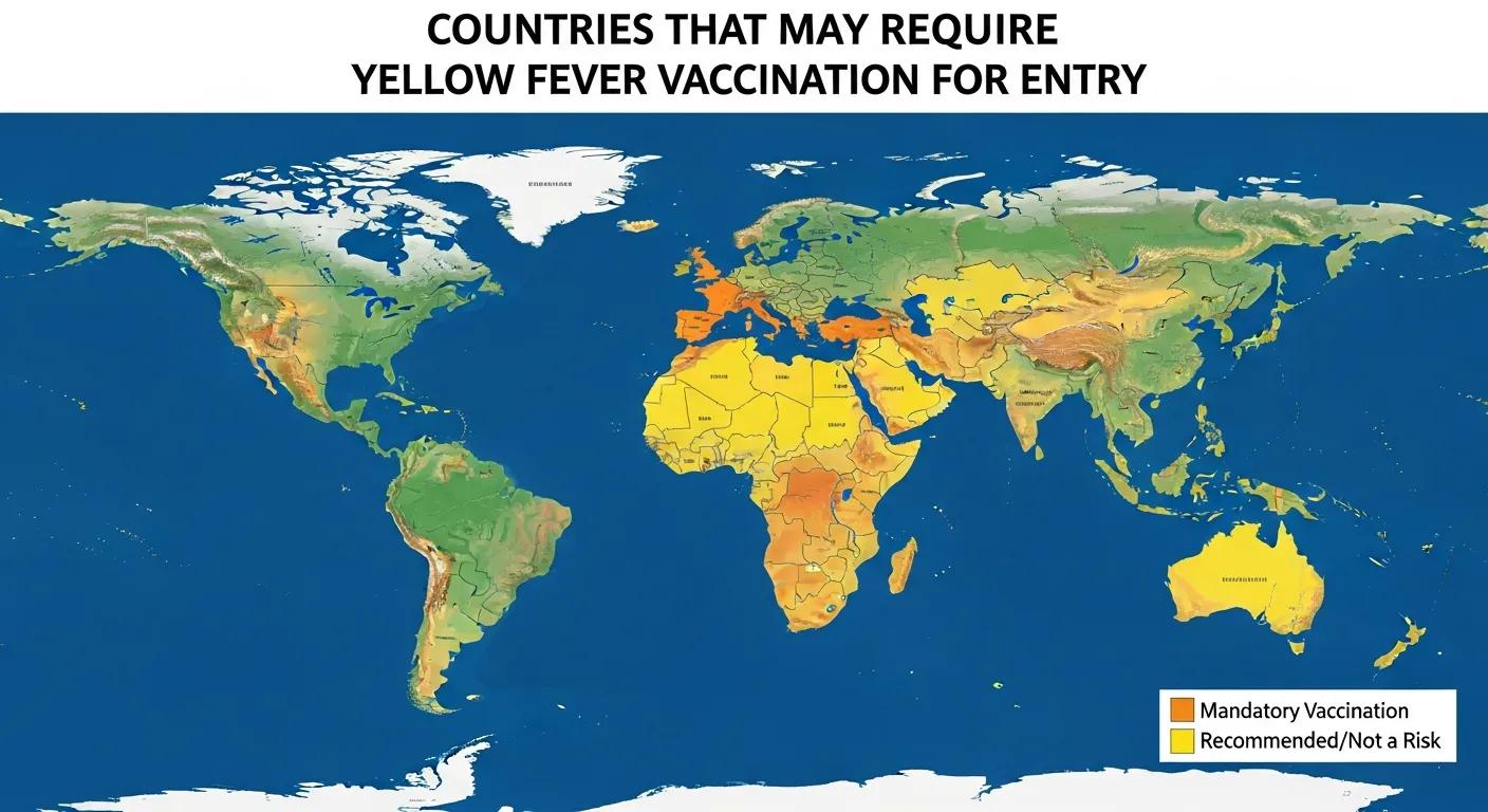 Map showing countries that may require yellow fever vaccination for entry