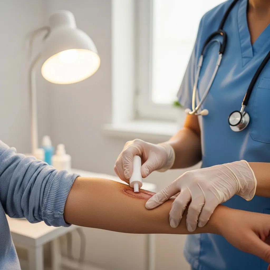 Healthcare provider cleaning a wound on a patient’s arm — first steps in post‑exposure care