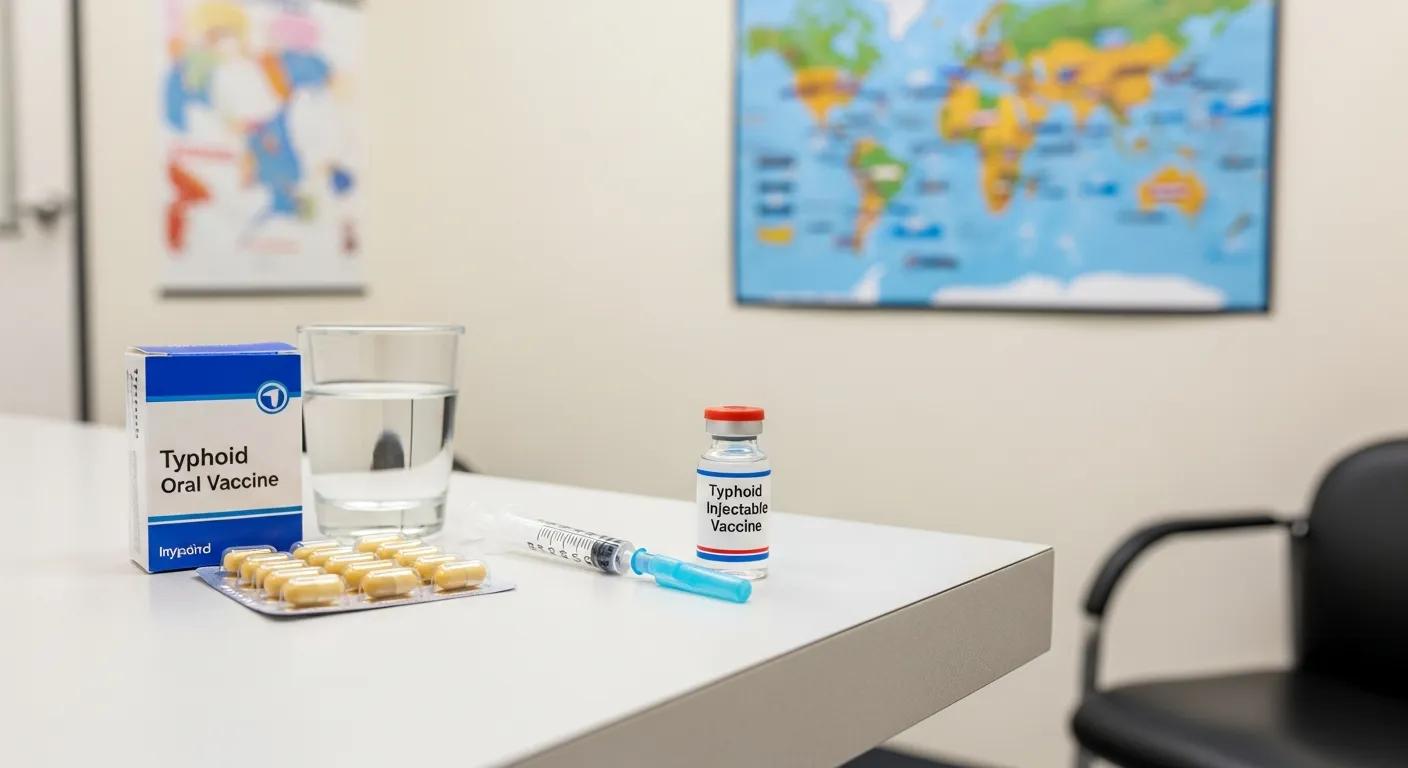 Oral and injectable typhoid vaccines shown in a clinic — travel vaccine options
