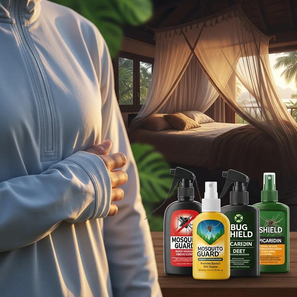 Essential mosquito‑bite prevention items: repellent, long‑sleeve shirt, and travel health supplies