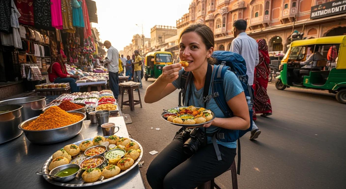 Traveler enjoying Indian street food — vivid flavors and culture of India’s Golden Triangle