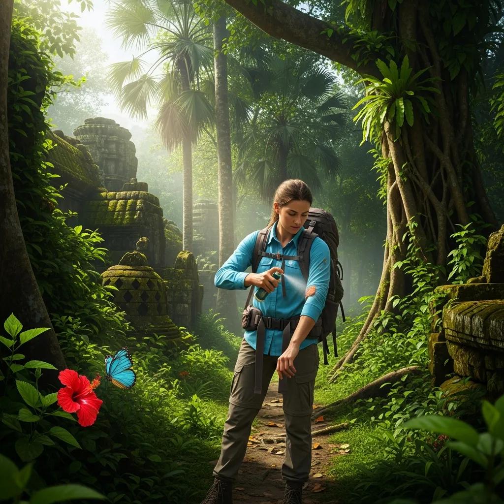Traveler applying insect repellent in Southeast Asia, emphasizing health and adventure