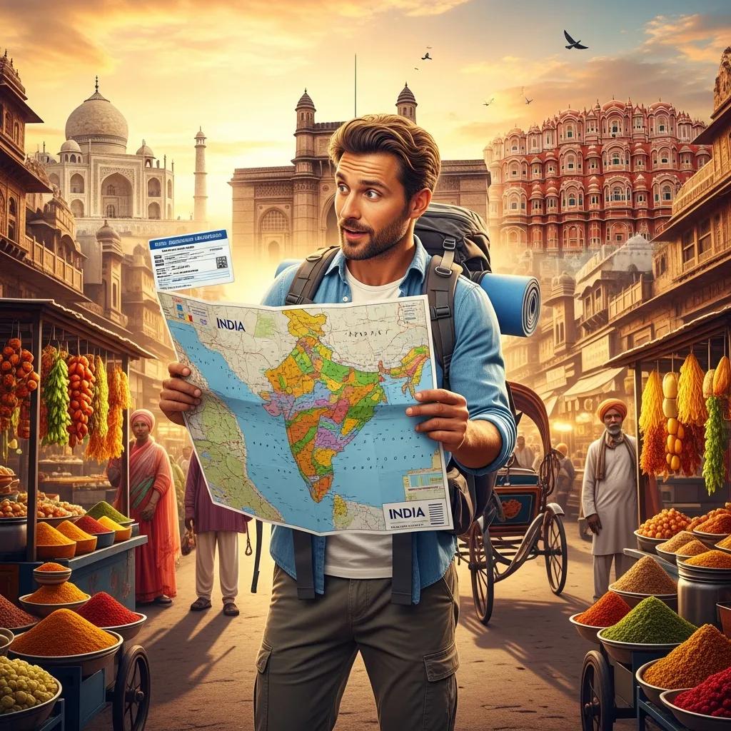 Traveler in India holding a vaccination card and a map — travel health essentials
