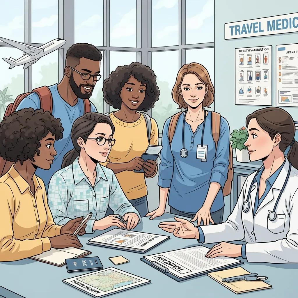 Travelers consulting with a healthcare professional about international travel vaccinations