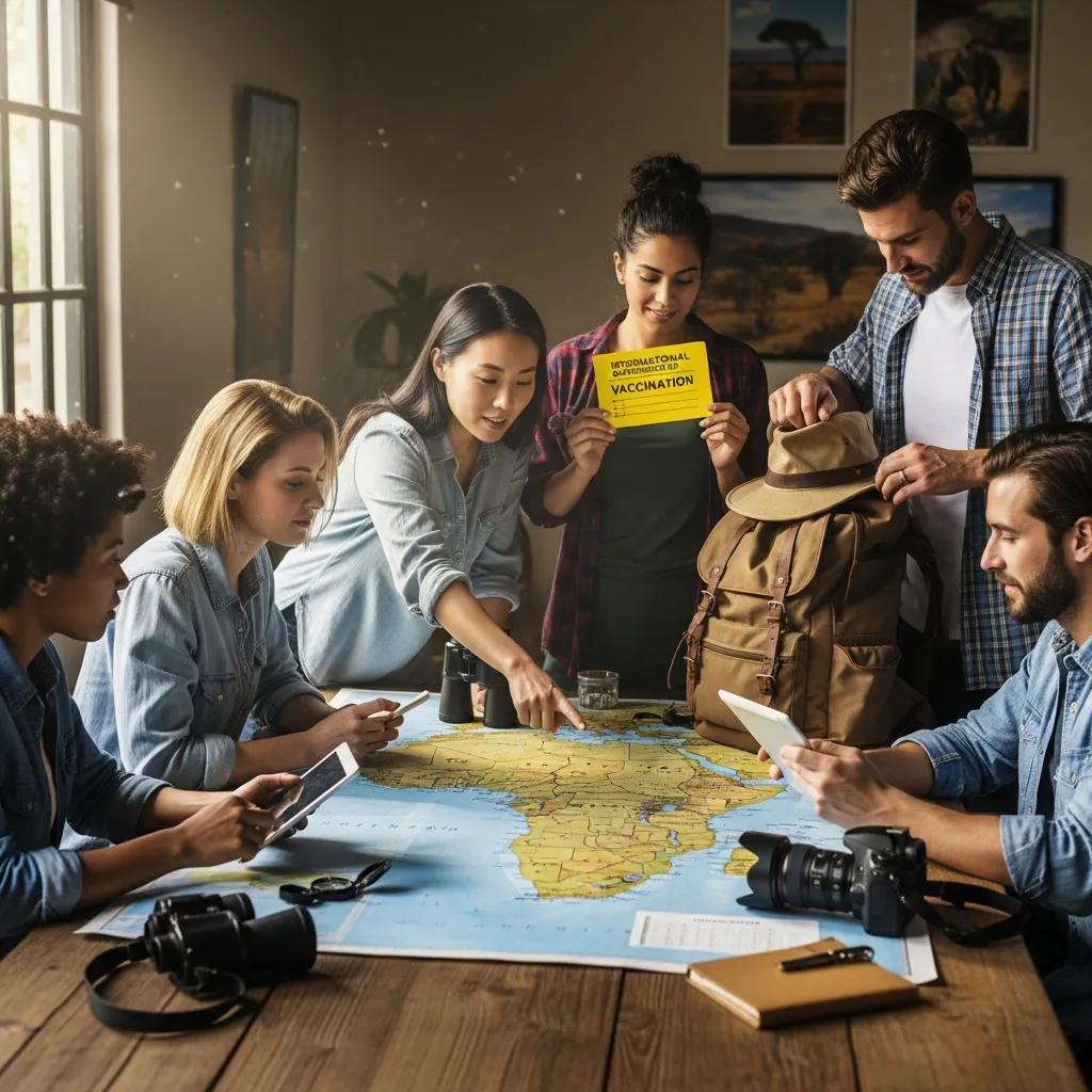 Travelers preparing for African adventure with vaccination cards and map