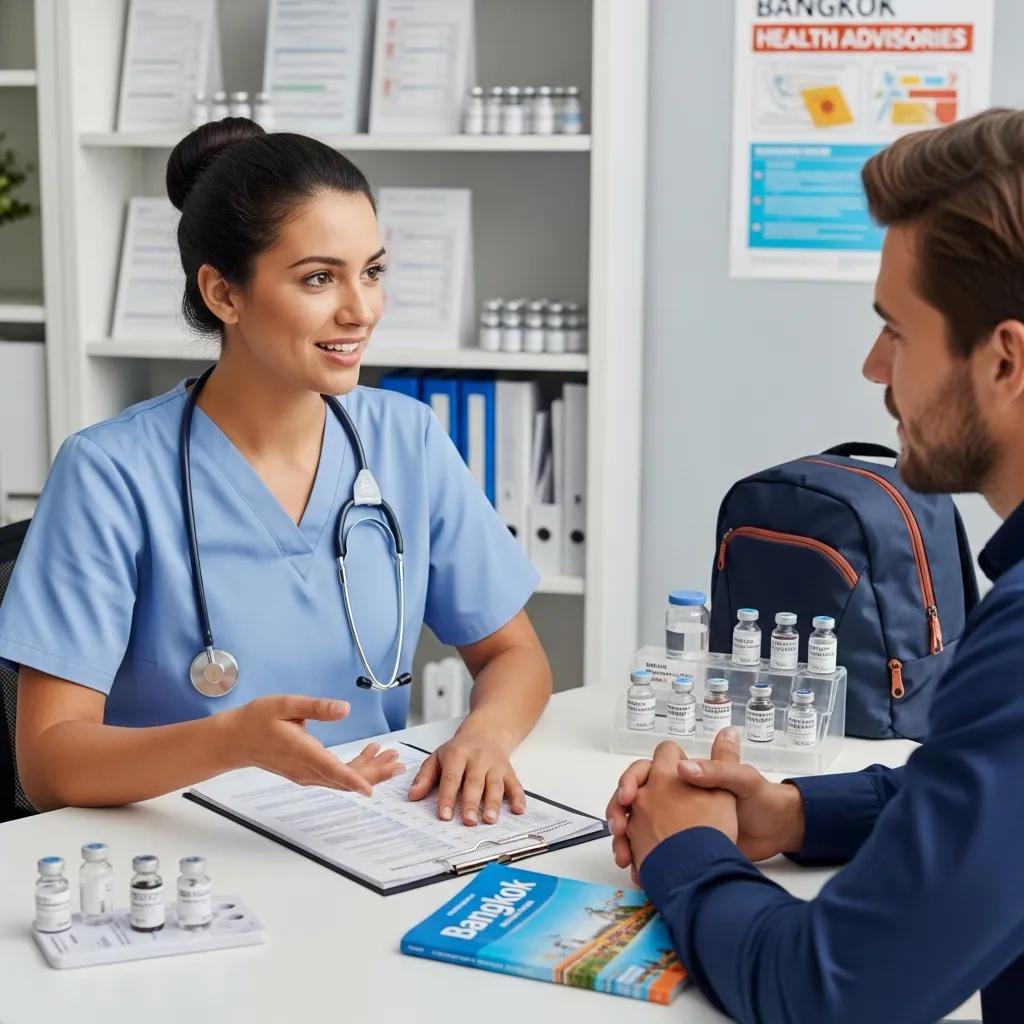 Healthcare professional advising traveler on vaccinations for Bangkok