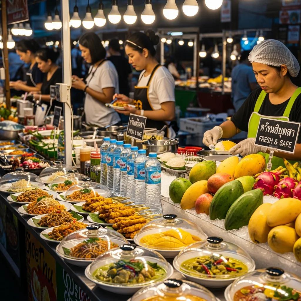 Street food market with advice on safe food and water practices