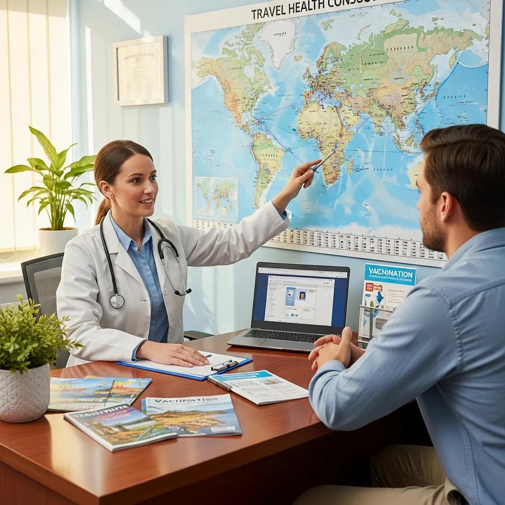 Healthcare professional providing personalized travel vaccine consultation to a traveler, emphasizing tailored health advice