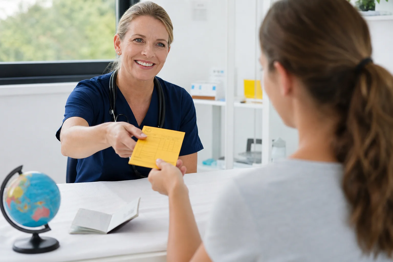 Travel health nurse reviewing an International Certificate of Vaccination with a patient, passport and globe visible on the exam table in a bright modern clinic