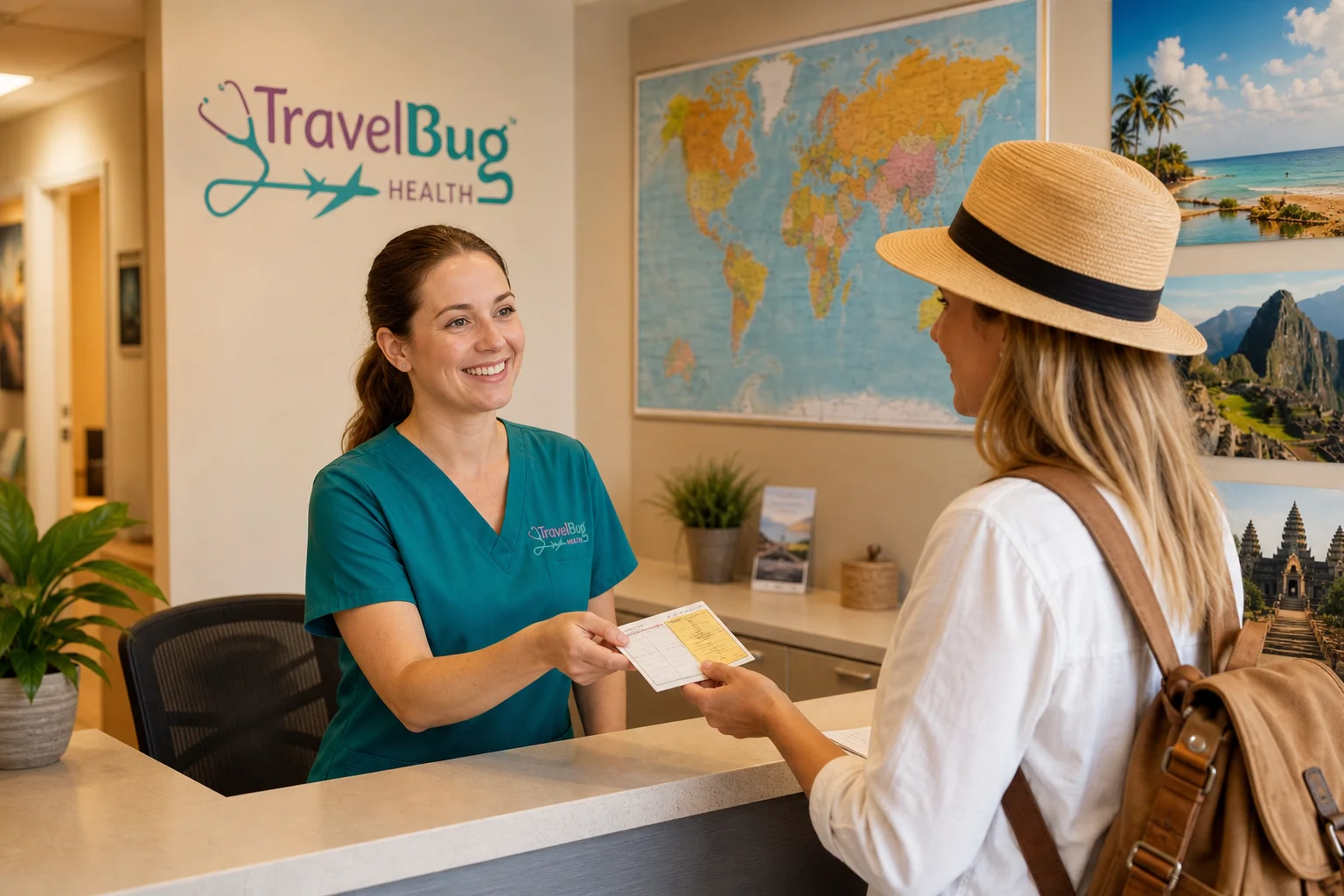 Travel health nurse reviewing vaccination requirements with a patient preparing for December travel to the Caribbean and Latin America