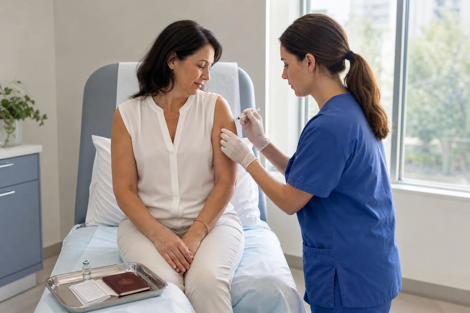 Travel health nurse administering a hepatitis vaccine to a patient in a bright clinic, with vaccination cards and a world map visible in the background