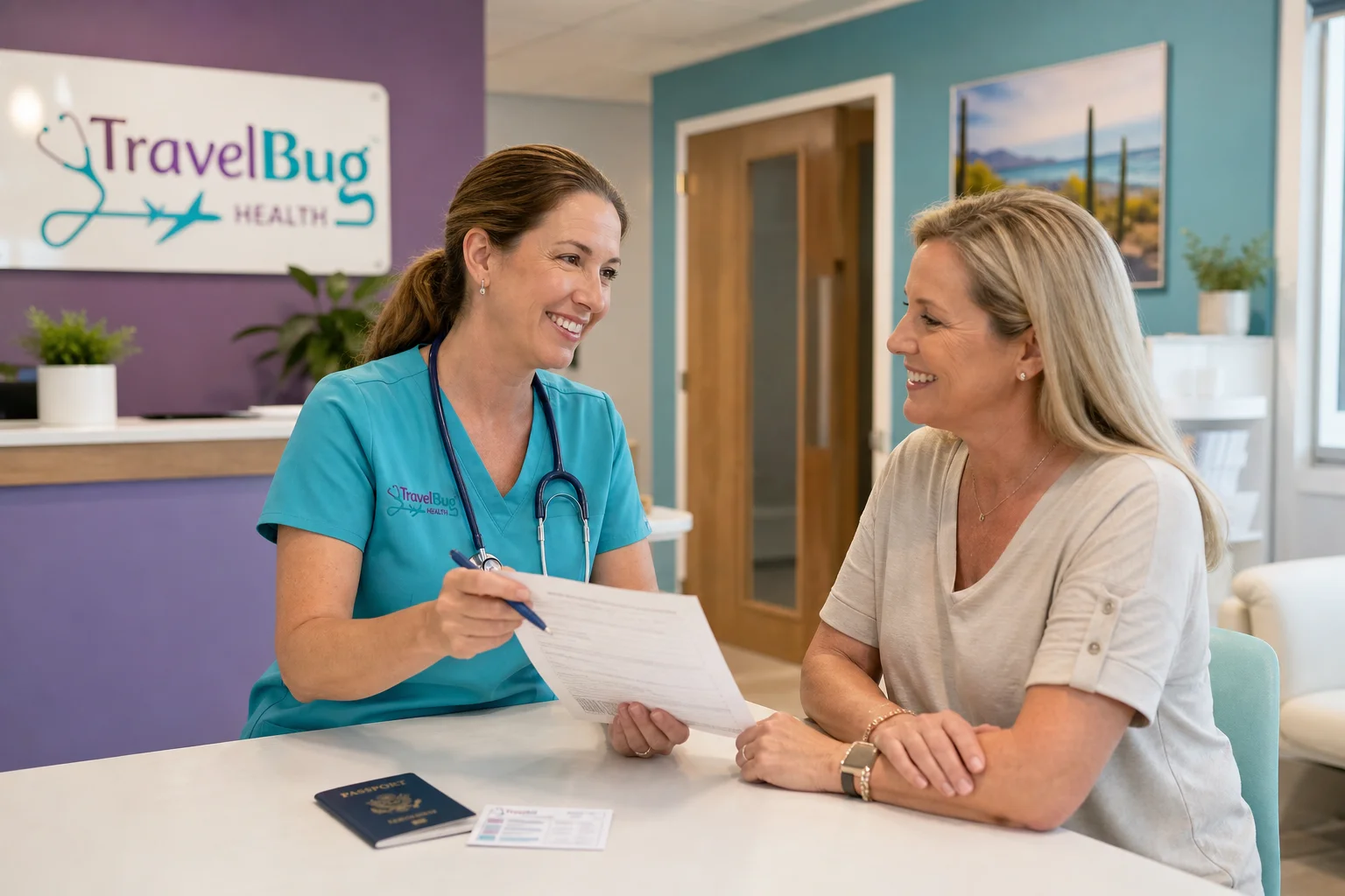 Travel health nurse helping a patient complete medical forms for travel at a modern clinic