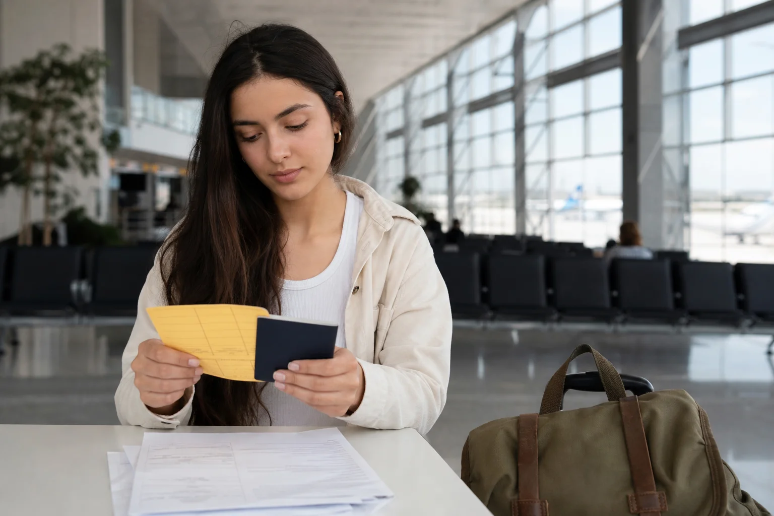 A college-aged student reviews an International Certificate of Vaccination yellow card alongside a passport and travel documents at an airport departure lounge, preparing for a study-abroad program
