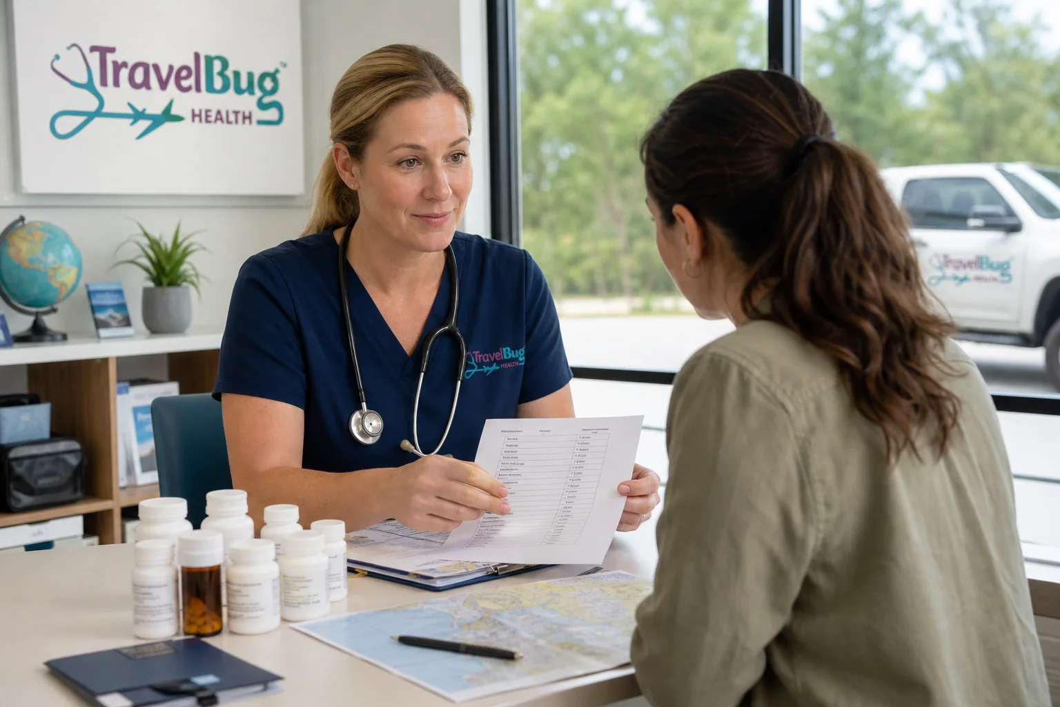 A travel health nurse reviews prescription medications and documentation with a patient at a bright Scottsdale travel clinic, organized travel supplies and labeled medication containers visible on the desk