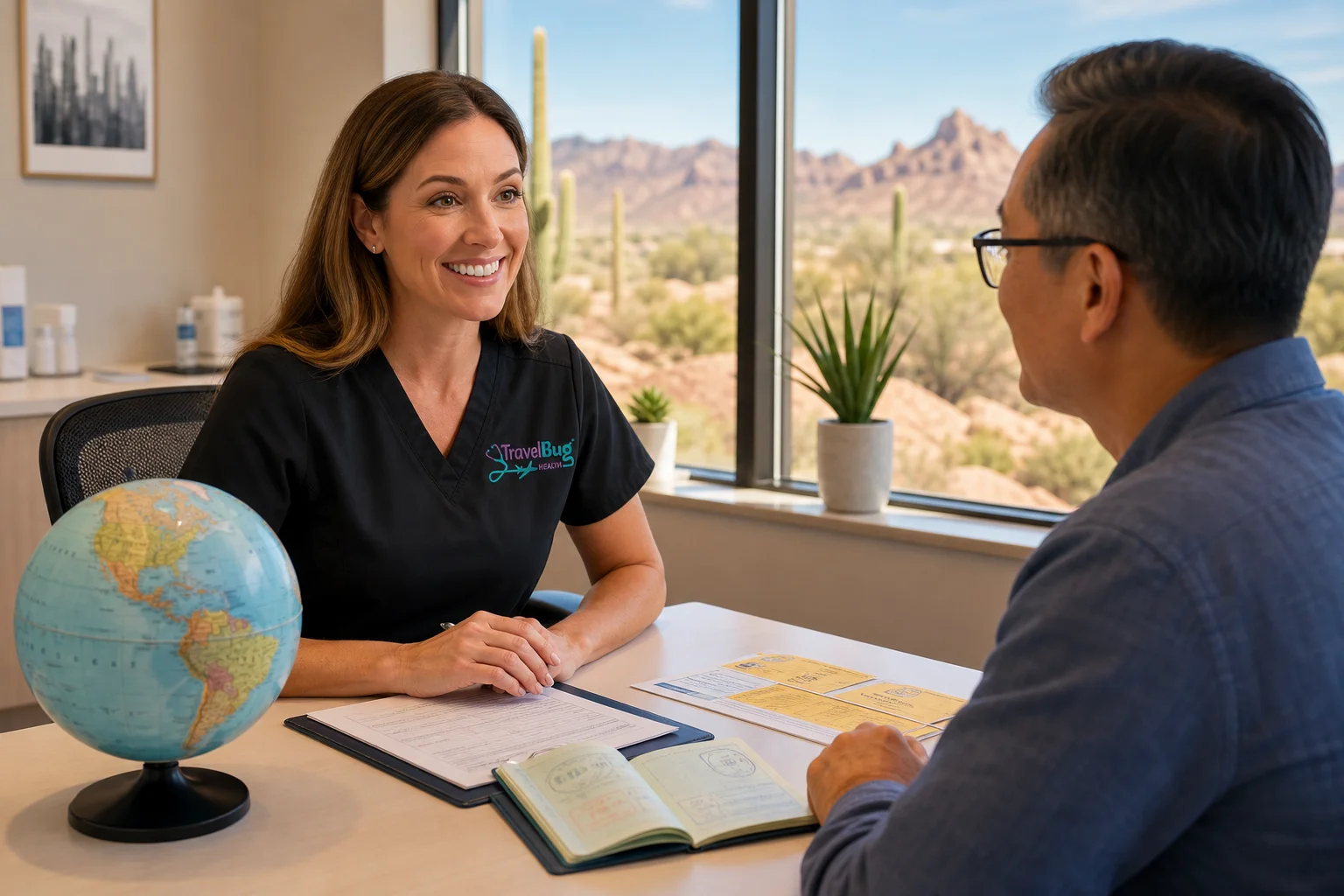 Travel health specialist consulting with an international traveler at a Scottsdale travel clinic visit step by step