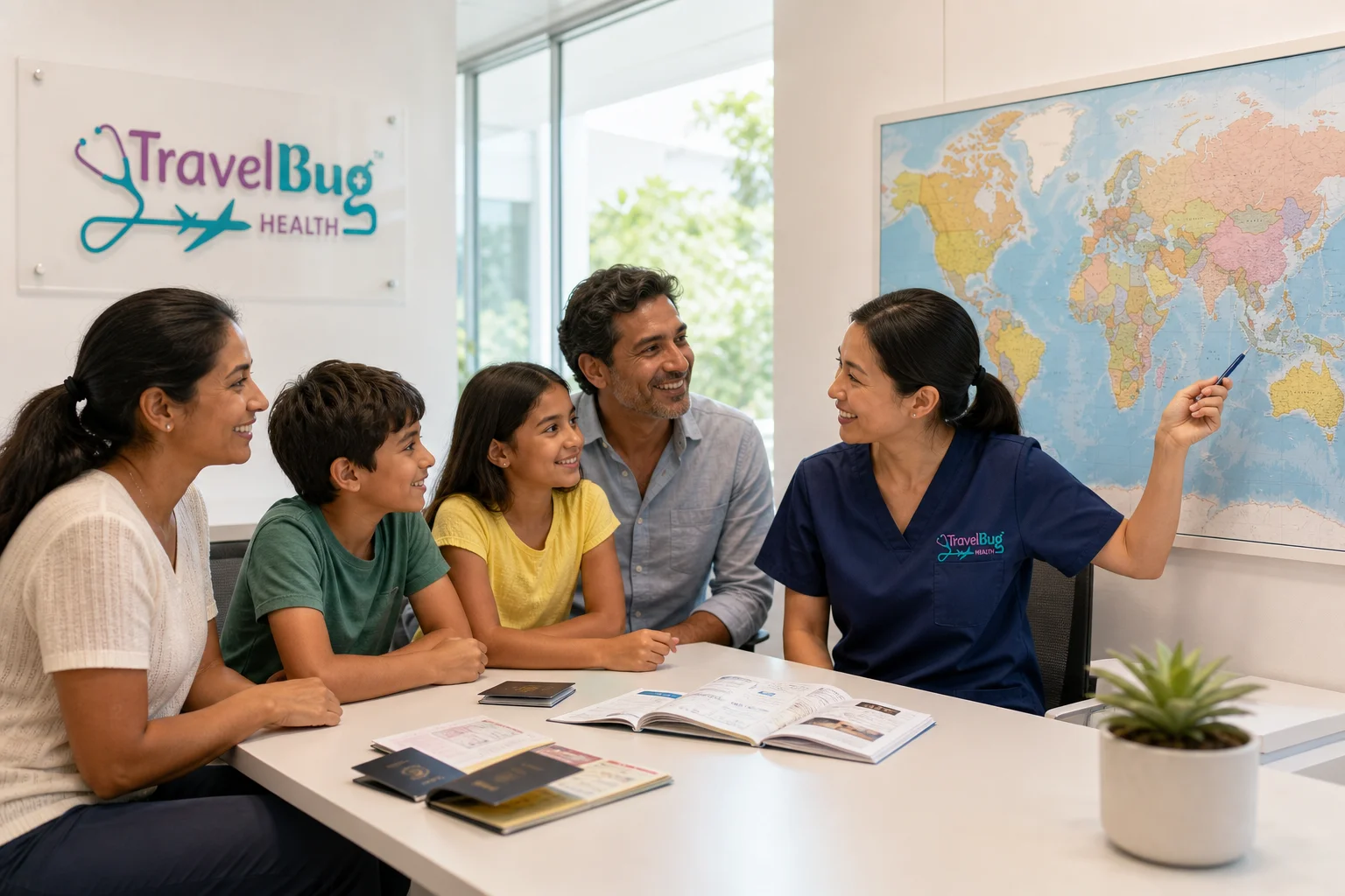 A family of four discussing family travel vaccines with a travel health specialist at a bright Scottsdale clinic before an international trip