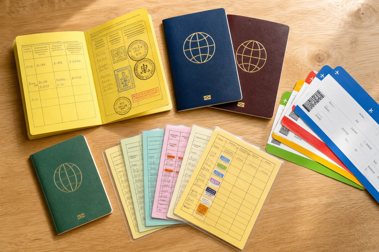Close-up flat lay of travel health documents including a yellow International Certificate of Vaccination booklet, family passports, boarding passes, and children's vaccine record cards arranged on a wooden surface in warm natural light