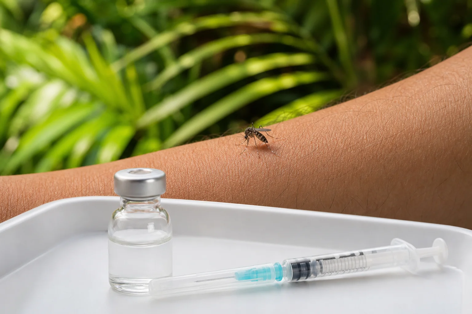 Culex mosquito on human skin in tropical foliage beside a vaccine vial on a sterile medical tray, illustrating Japanese encephalitis prevention