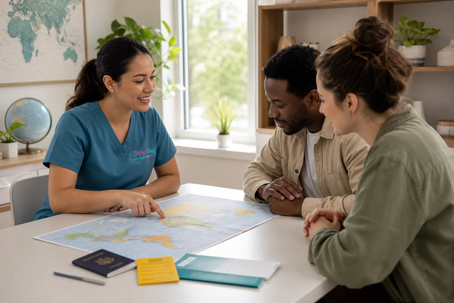 Travel health specialist discussing malaria prevention and antimalarial medication options with travelers at a Scottsdale clinic