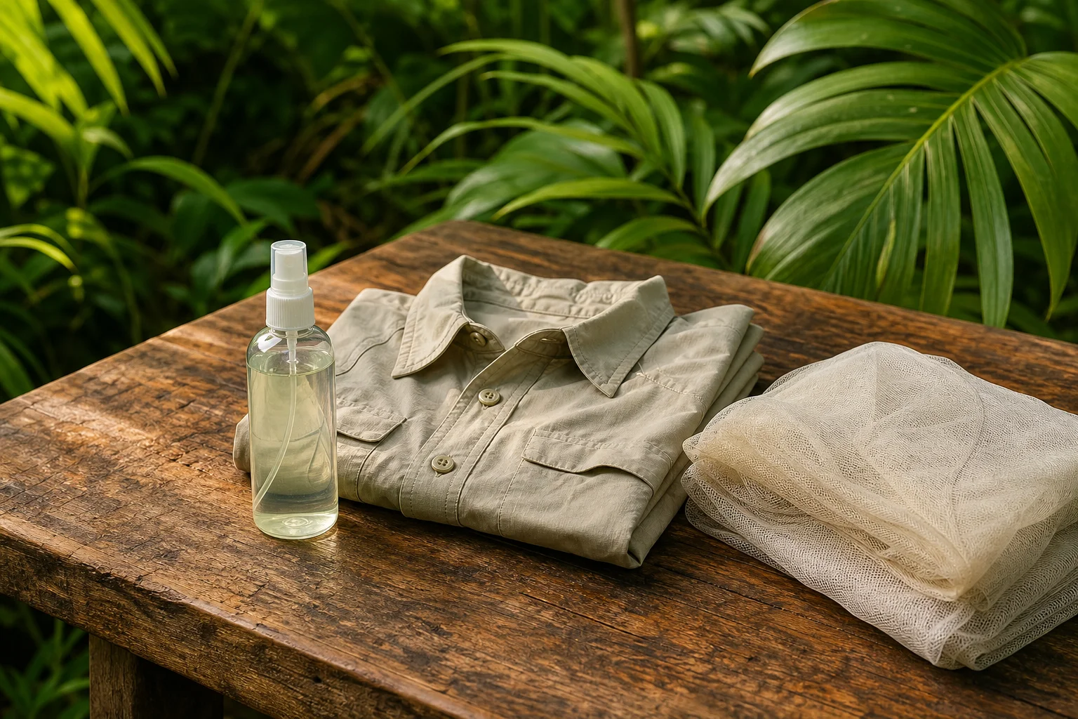 Close-up of DEET insect repellent spray, a lightweight permethrin-treated long-sleeve shirt, and a folded insecticide-treated bed net arranged on a tropical wooden surface with lush green leaves in the background, representing malaria prevention protective measures