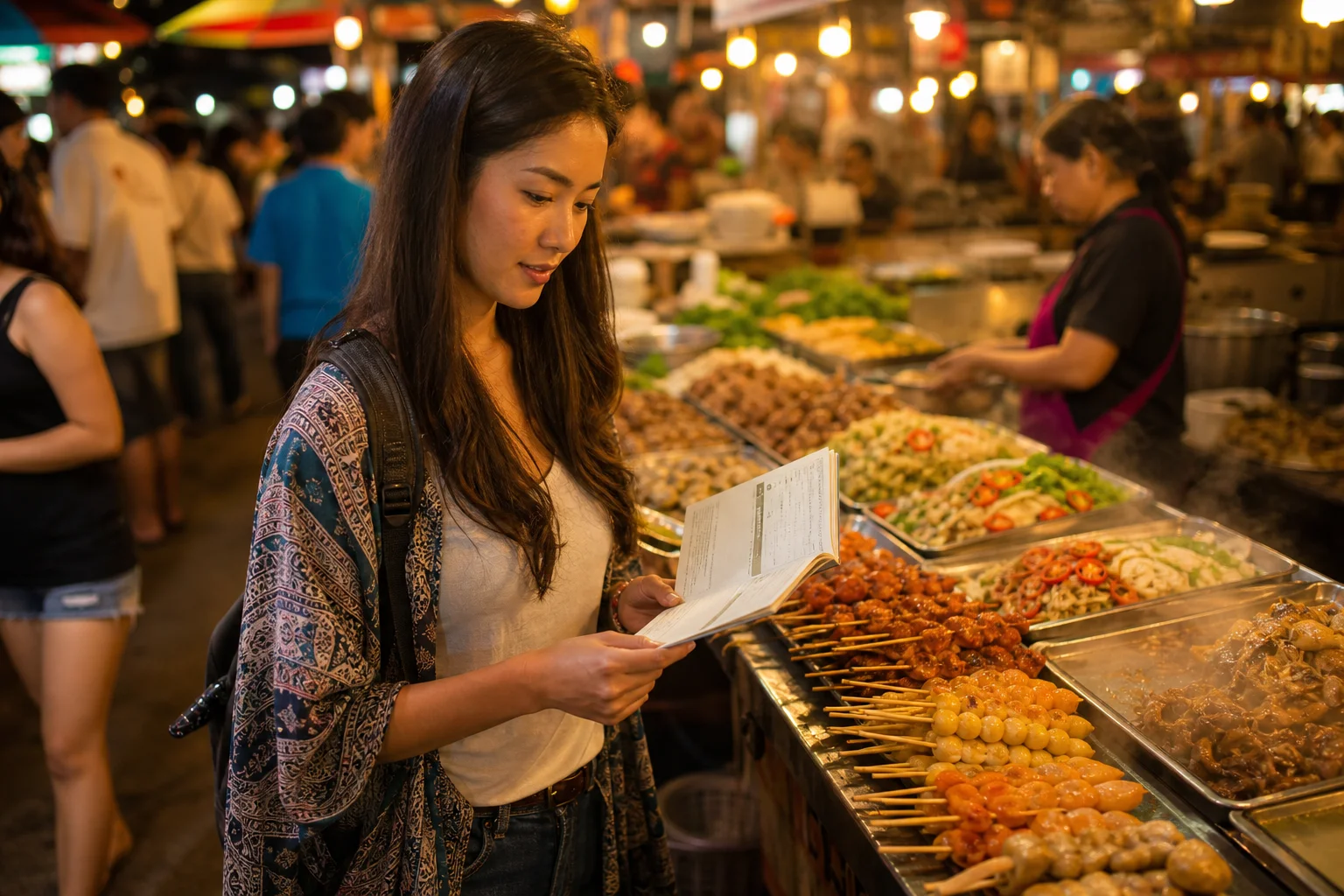 A traveler at a colorful Southeast Asian night market examining local street food while holding an international vaccination booklet, illustrating the hepatitis A and typhoid exposure risk from contaminated food during international travel