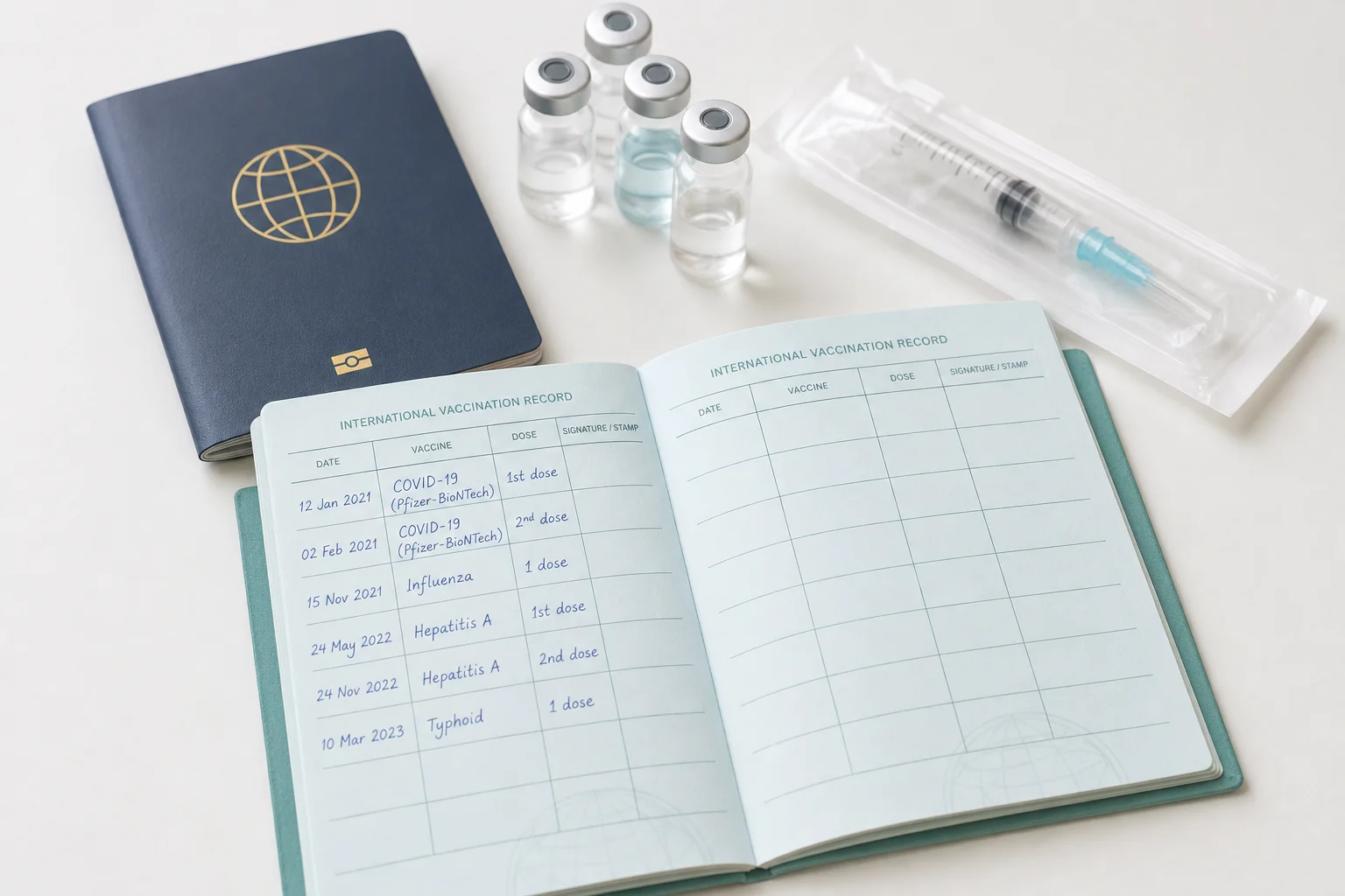 A travel health specialist at a Scottsdale clinic reviewing vaccination records with an international traveler preparing documents for an immigrant visa application