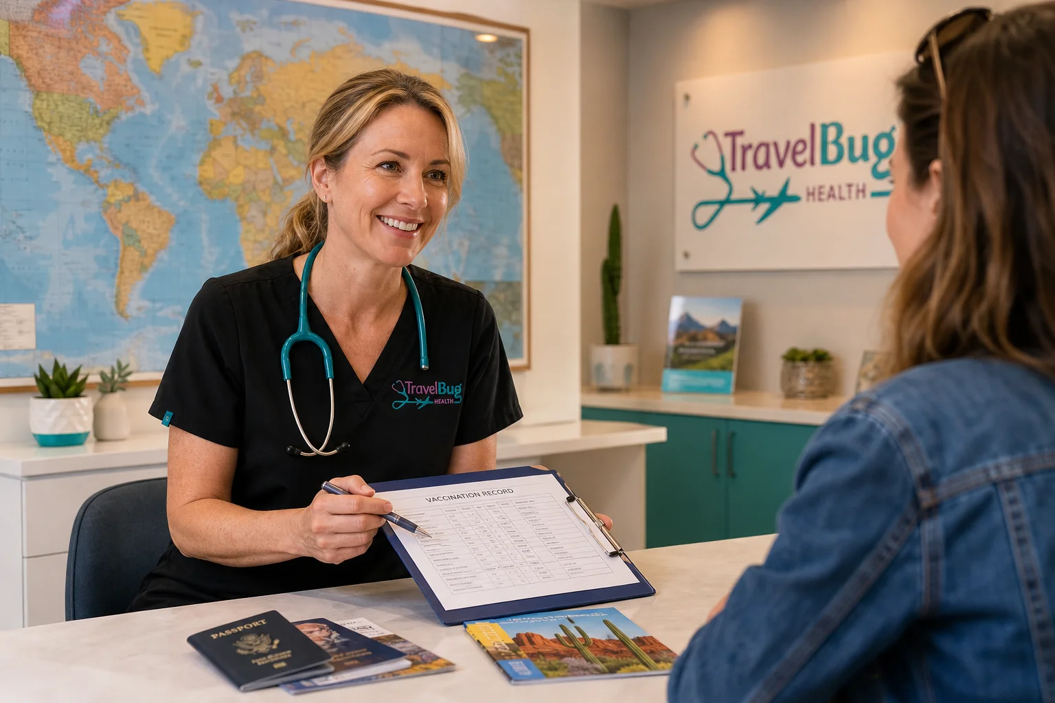 TravelBug Health nurse at Scottsdale travel clinic holding vaccination records for a patient receiving the vaccines Arizona travelers need before a trip to Mexico
