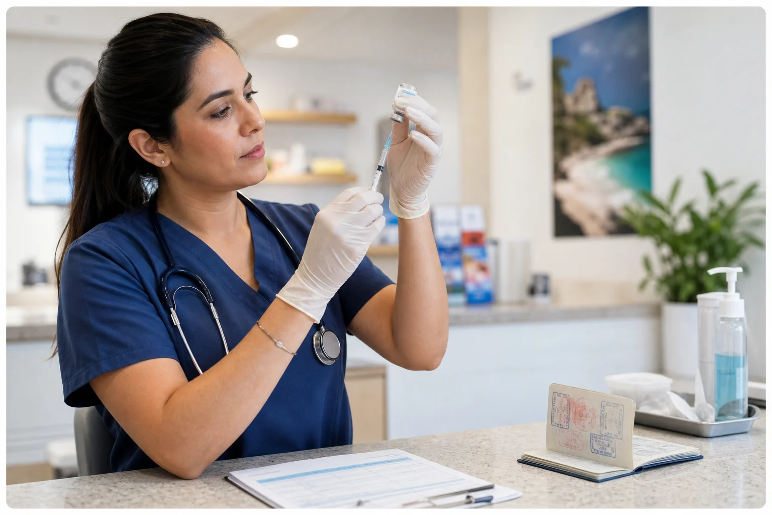 A travel health nurse in a bright Scottsdale clinic reviewing vaccination records with a patient preparing for international travel, with clinic branding visible on the wall