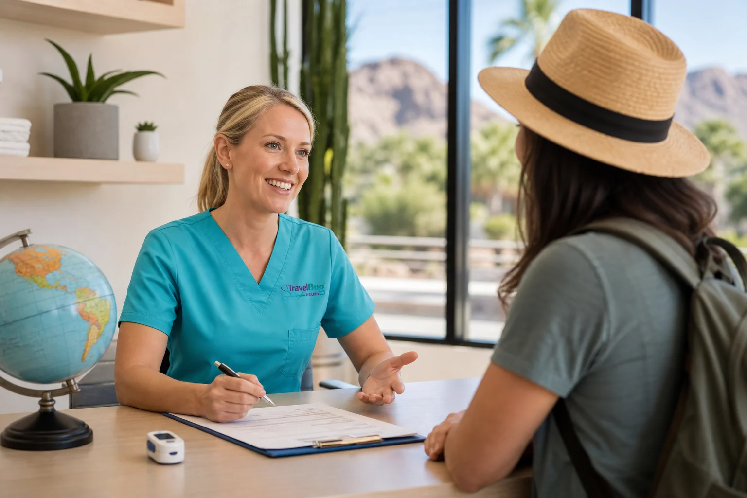 Traveler consulting with a travel health specialist about high altitude preparation before an international trip