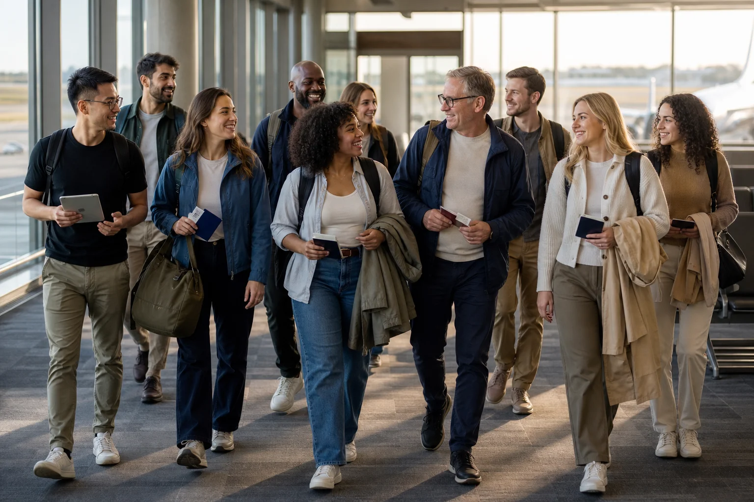 Mission team travelers walking through an airport gate together after booking vaccines for their trip