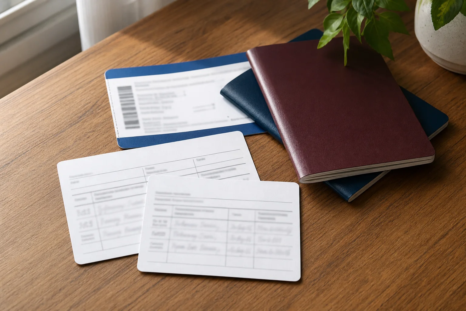 A group leader reviewing vaccination record cards and passports before a mission trip