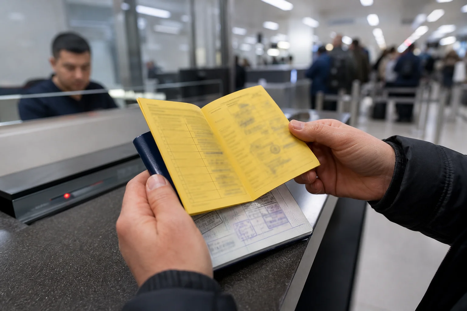 Traveler holding an open yellow international vaccination certificate booklet and passport at border control