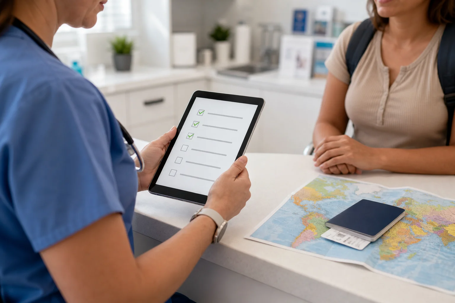 A travel health nurse reviews an adult patient's immunization record on a tablet in a bright Scottsdale clinic, with a world map and travel documents on the desk