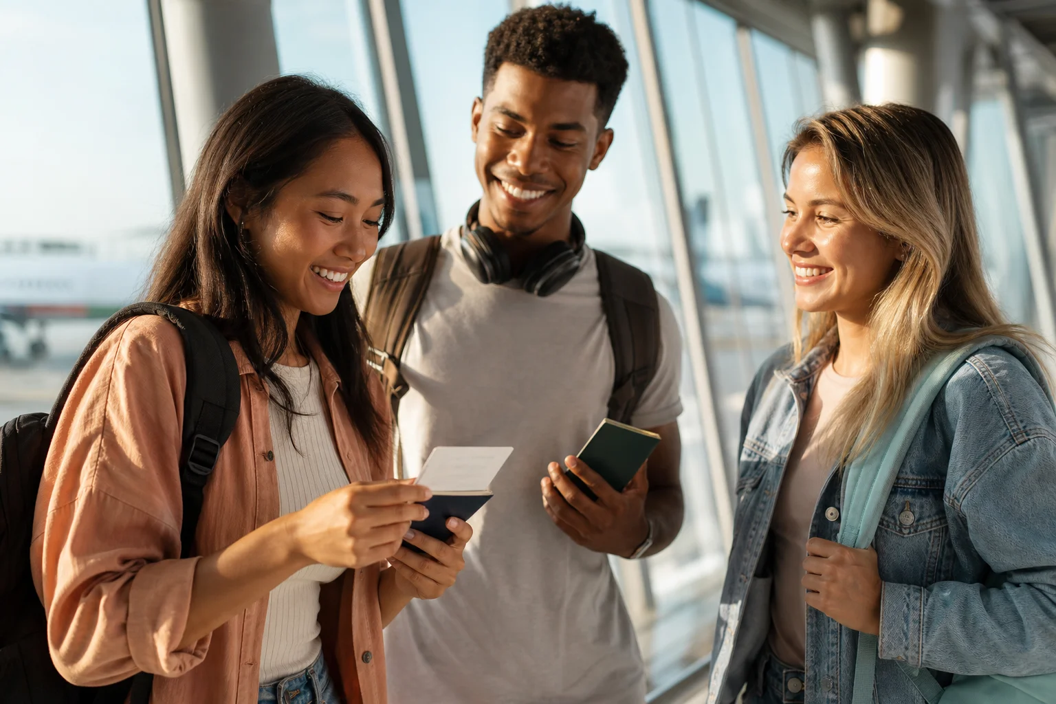 Arizona college students reviewing travel vaccination records and passports at a bright travel health clinic before studying abroad