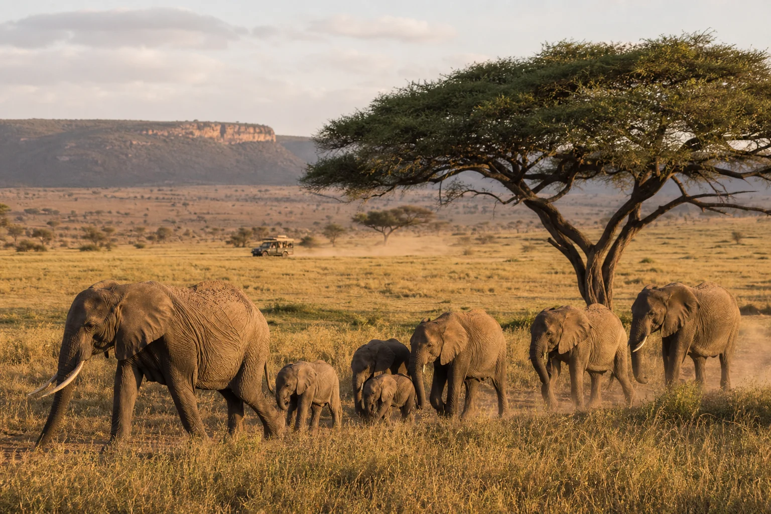 Elephants crossing the East African savanna beneath an acacia tree at golden hour on safari