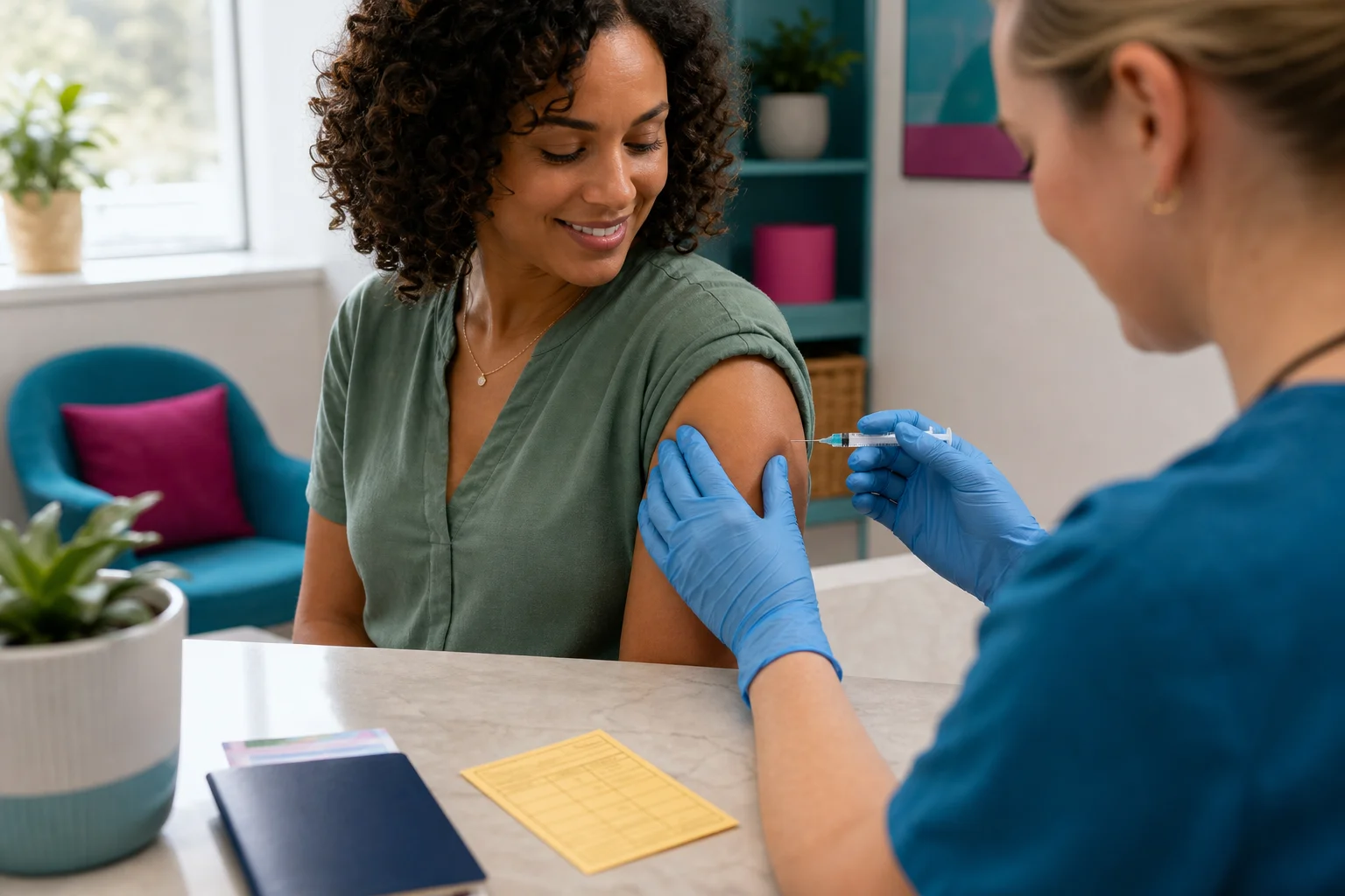Travel health specialist reviewing a vaccination record with a patient preparing for an African safari