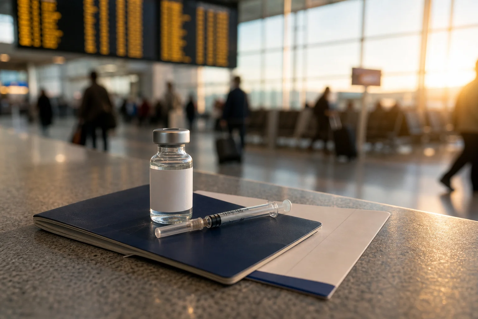 Vial and syringe representing respiratory vaccines for travelers, with a passport and boarding pass at an airport gate