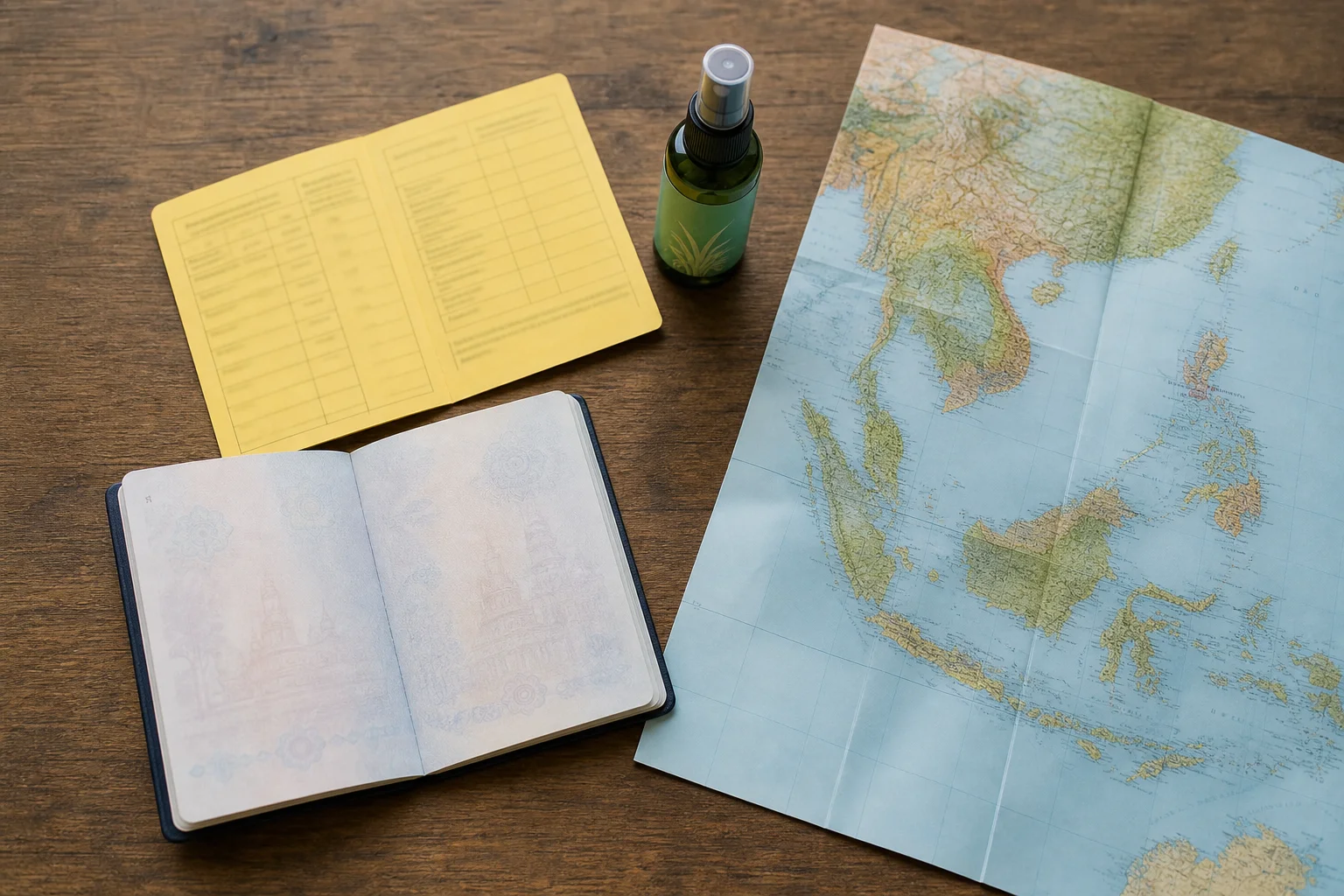 Flatlay of a passport, yellow vaccination card, insect repellent, and Southeast Asia map for trip prep